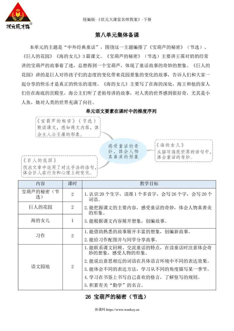 《26宝葫芦的秘密（节选）新学习单教案_26春小学语数英道科各版本《课件+教案》_26春1-6年级下册语文教案课件_语文《状元大课堂课件+教案》26春_4语下教案_8.第八单元》第1页预览