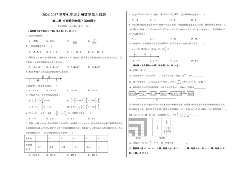 《七上数学第二章有理数的运算·基础通关卷（试题版A3）_2026秋初中教辅合集_2027学科网&_2026秋《同步备课系列》7上数学_第二章有理数的运算_单元复习》第1页预览