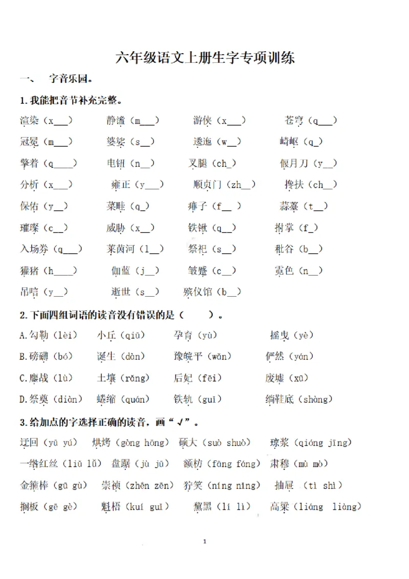《六（上）语文期末：语文生字专项训练_6年级上册同步教辅_6上语文_六上语文生字+字帖+词语》第1页预览