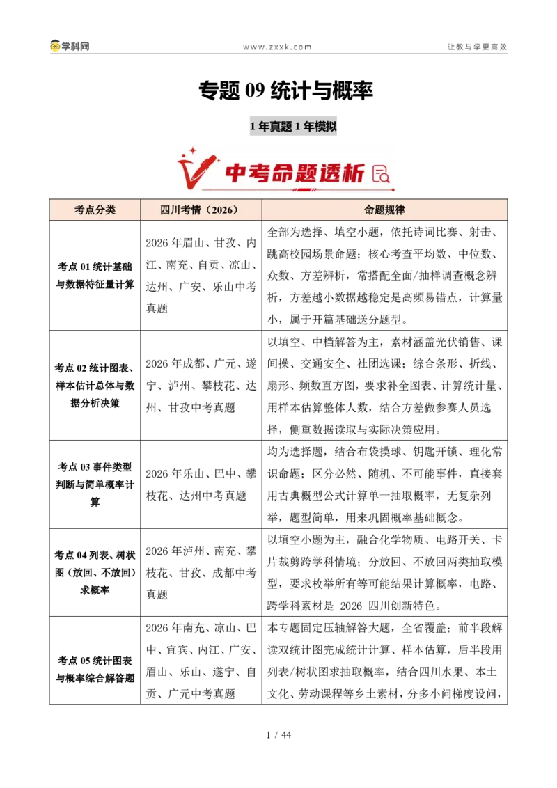 《专题09统计与概率（1年汇编）（四川专用）（解析版）_2026秋初中教辅合集_2027学科网&_2027新好题汇编_2027好题汇编2026中考数学真题分类汇编（四川专用）》第1页预览
