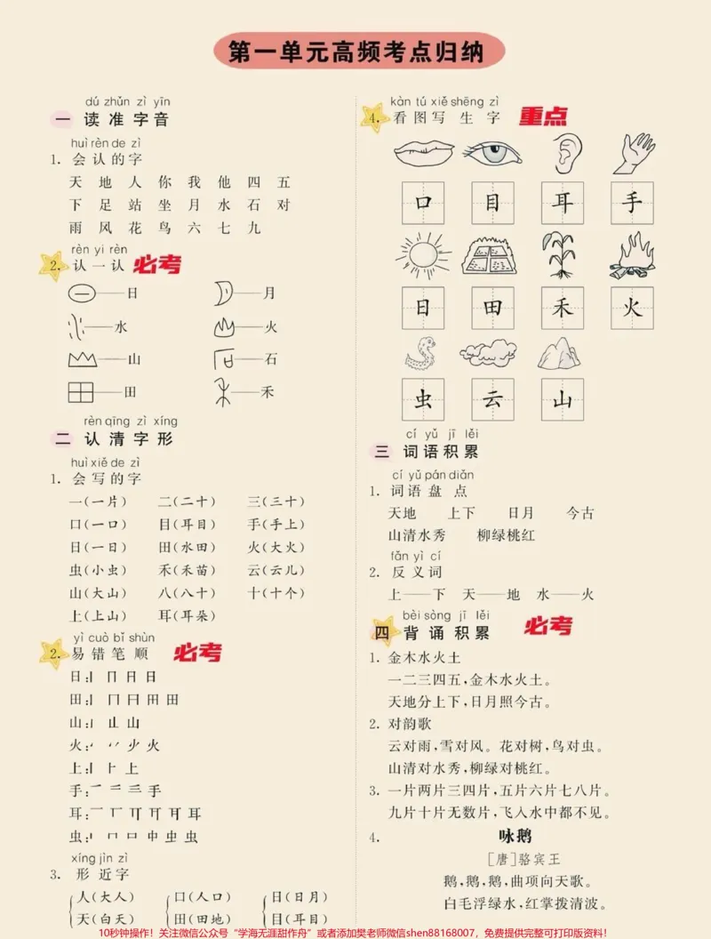 《一年级上册语文单元高频考点归纳,家长收藏♥️关注》第1页预览