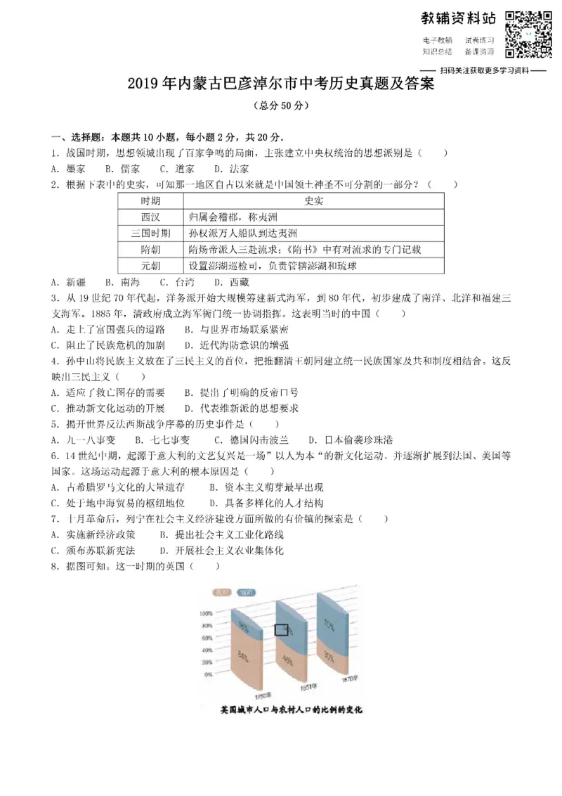 《2019内蒙古巴彦淖尔市中考历史真题及答案_初高中资料库_初中资料库（转存避免链接过期失效）_初中历史》第1页预览