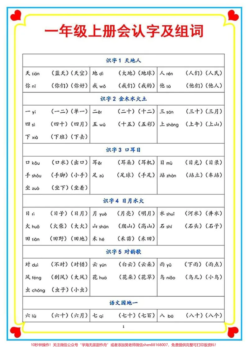 《一年级上册语文会认字及组词#教育#学习#知识分享#》第1页预览