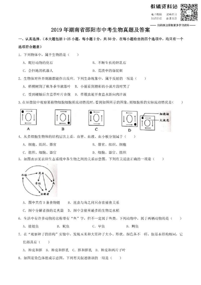 《2019湖南省邵阳市中考生物真题及答案_初高中资料库_初中资料库（转存避免链接过期失效）_初中生物》第1页预览