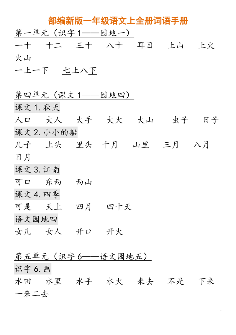 《全册词语手册》第1页预览