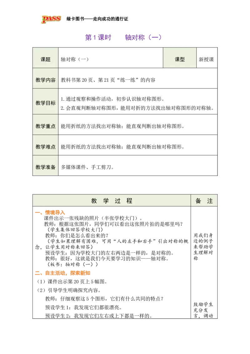 《1轴对称（一）_26春小学语数英道科各版本《课件+教案》_26春各版本数学《课件+教案》1-6年级下册_26春北师大版数学1-6年级下册教案课件PPT_26春绿卡学霸-3数-北师版-授课教案（新教材）》第1页预览