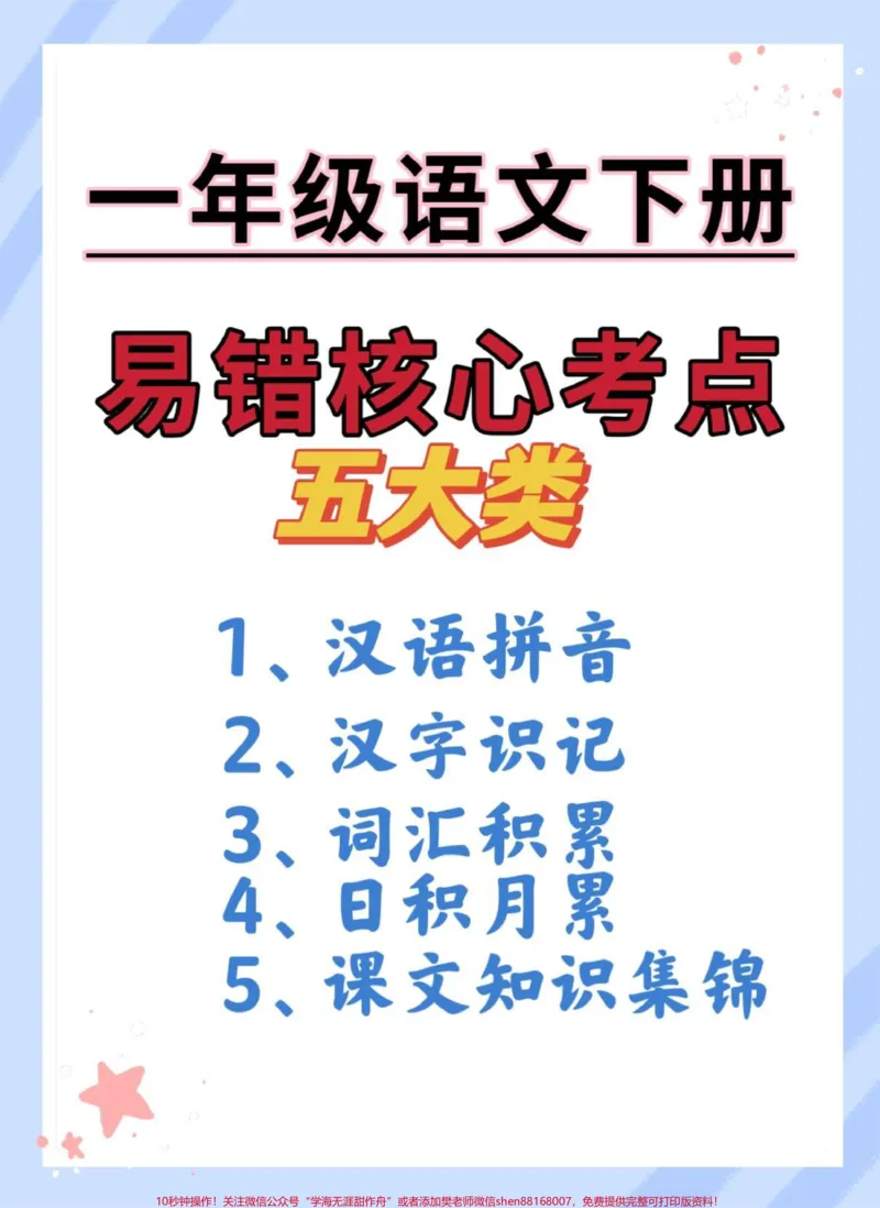 《一下语文期末易错核心考点五大类。快打印出来给孩子读一读背一背吧#期末复习#必考考点#学霸秘籍#知识点总结#一年级重点知识归纳》第1页预览