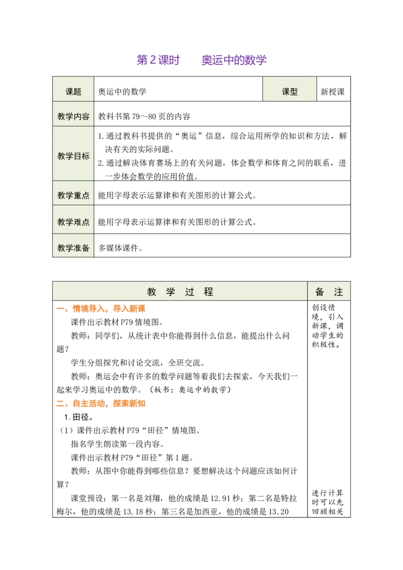 《2.奥运中的数学_26春小学语数英道科各版本《课件+教案》_26春各版本数学《课件+教案》1-6年级下册_26春北师大版数学1-6年级下册教案课件PPT_26春绿卡学霸-4数-北师-备课教案_数学好玩》第1页预览