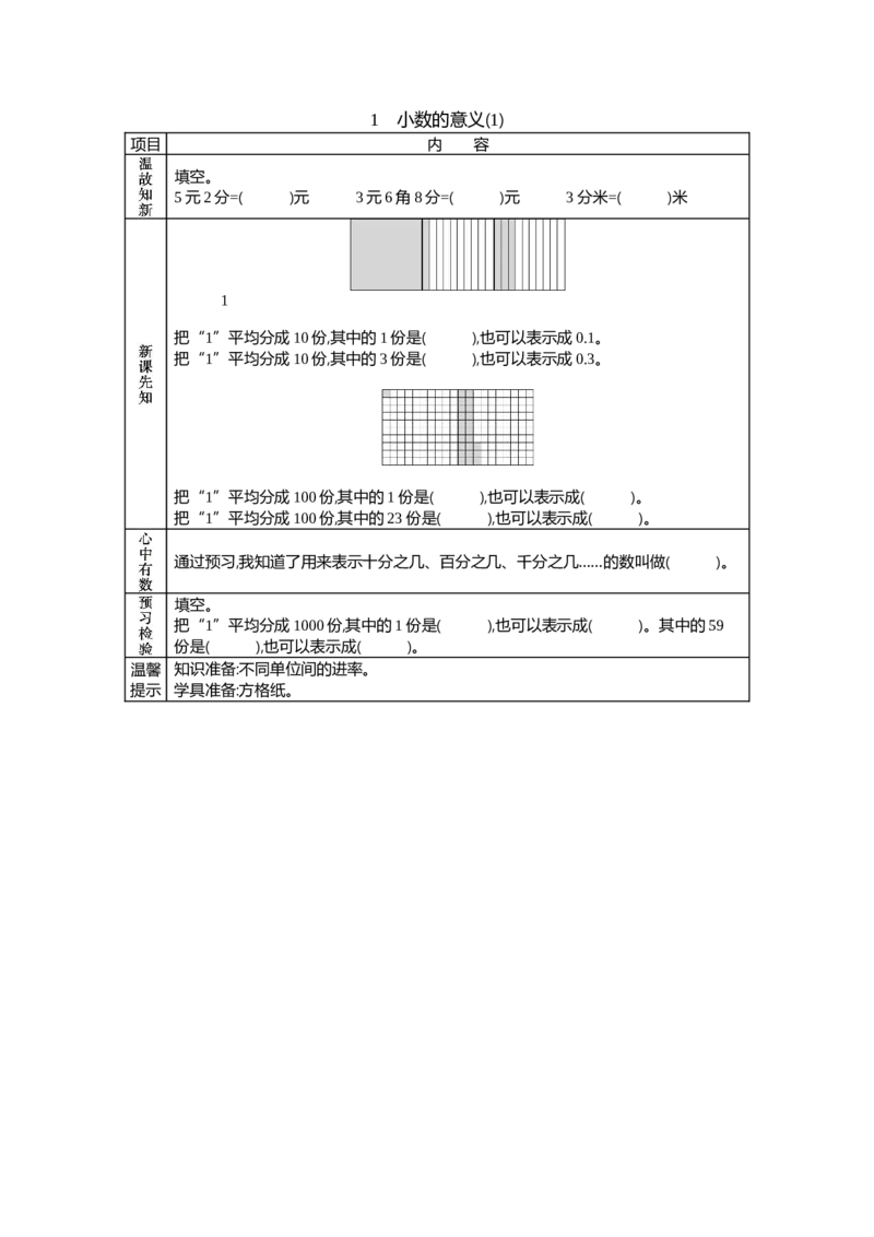 《1小数的意义(1)_26春小学语数英道科各版本《课件+教案》_26春各版本语数英《七彩课堂》教学课件+教案_数学《七彩课堂课件教案》北京课改版26春_第一单元小数(学案)》第1页预览
