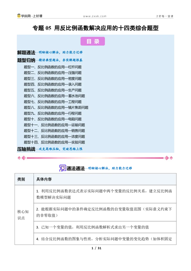 《专题05用反比例函数解决应用的十四类综合题型(压轴题专项训练)数学新教材苏科版九年级上册(原卷版)_2026秋初中教辅合集_2027学科网&》第1页预览