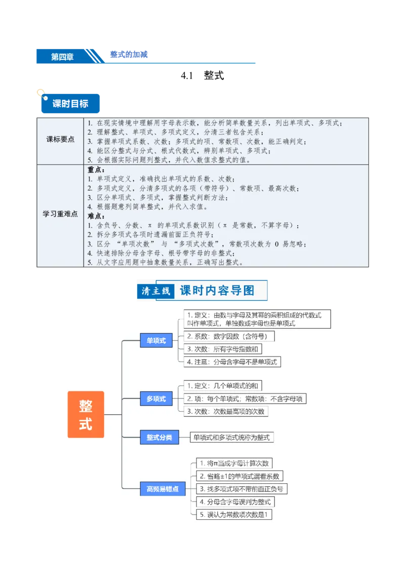 《4.1整式（讲义，知识点&10大题型&刷好题）（原卷版）_2026秋初中教辅合集_2027学科网&_2026秋《同步备课系列》7上数学_第四章整式的加减_同步作业&讲义》第1页预览