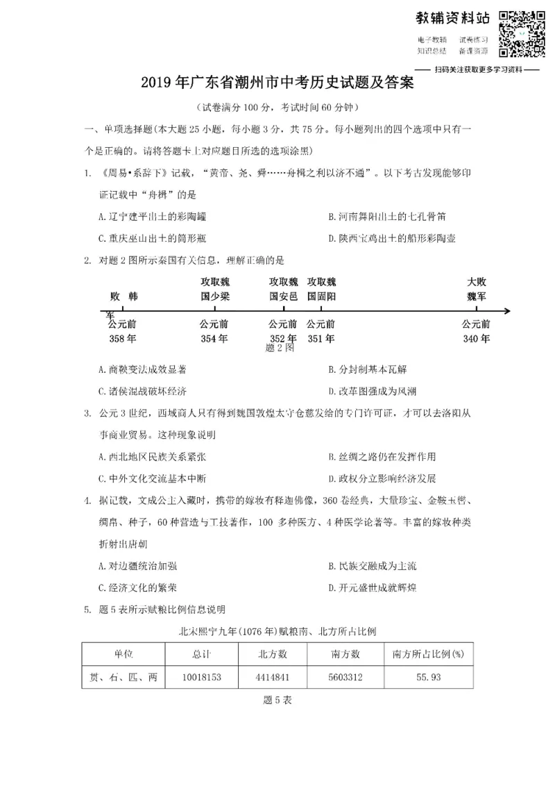 《2019广东省潮州市中考历史试题及答案_初高中资料库_初中资料库（转存避免链接过期失效）_初中历史》第1页预览