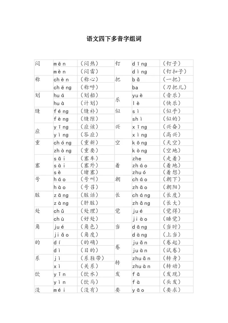 《语文四下多音字组词》第1页预览
