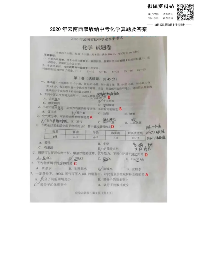 《2020云南西双版纳中考化学真题及答案_初高中资料库_初中资料库（转存避免链接过期失效）_初中生物》第1页预览