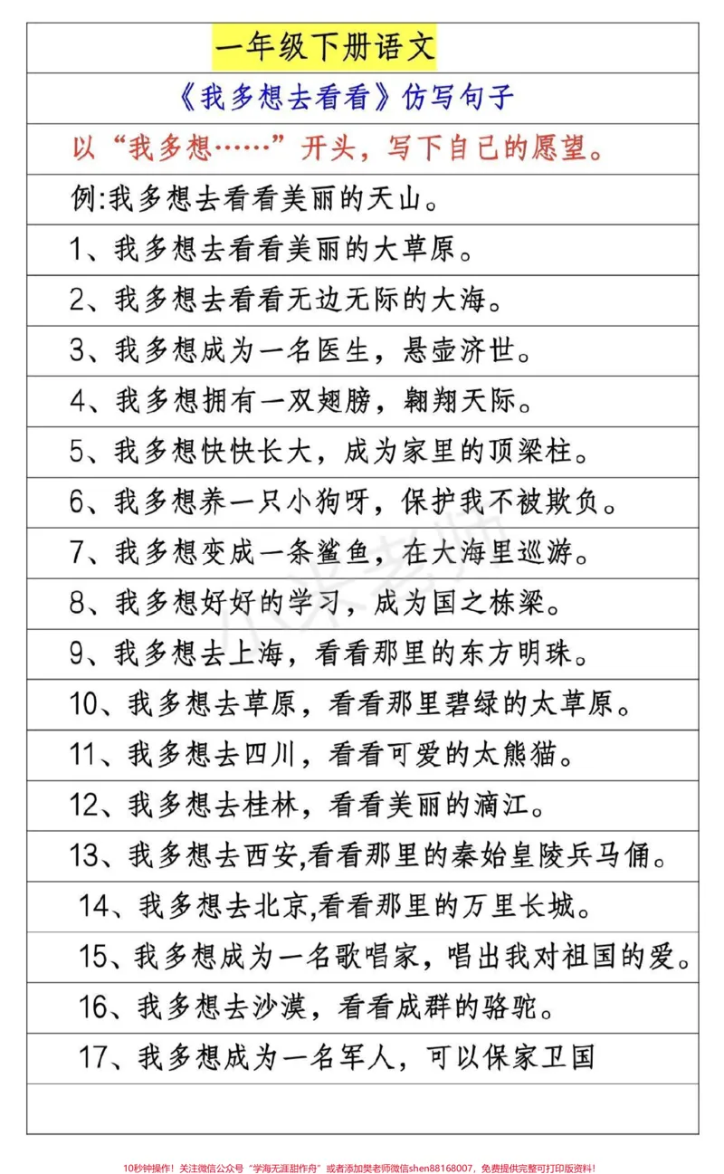 《#一年级下册语文#仿写句子#我多想去看看一年级仿写句子是必考的难点家长为小朋友收藏，多练习》第1页预览