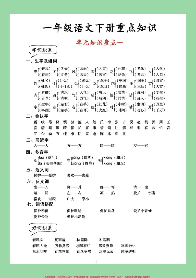 《#一年级语文#必考考点#好好学习家长为孩子保存学习可打印》第2页预览