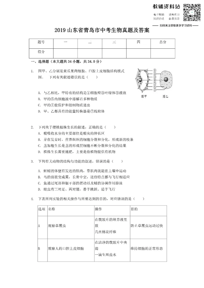 《2019山东省青岛市中考生物真题及答案_初高中资料库_初中资料库（转存避免链接过期失效）_初中生物》第1页预览