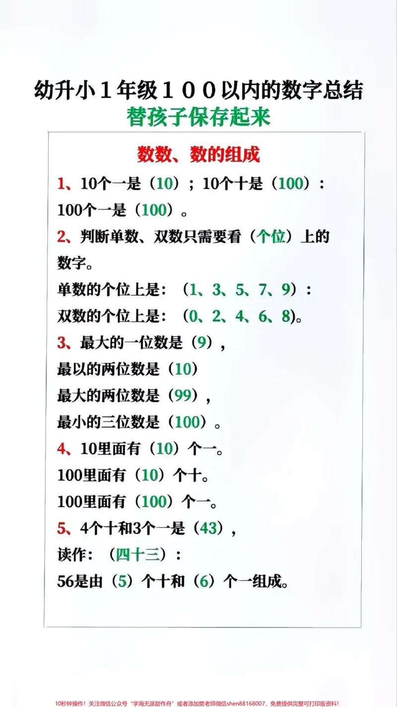 《一年级100以内的数字总结,需要就收藏起来给孩子用起来#做智慧父母培养优秀孩子#幼小衔接#一年级#小学数学#知识点总结》第1页预览