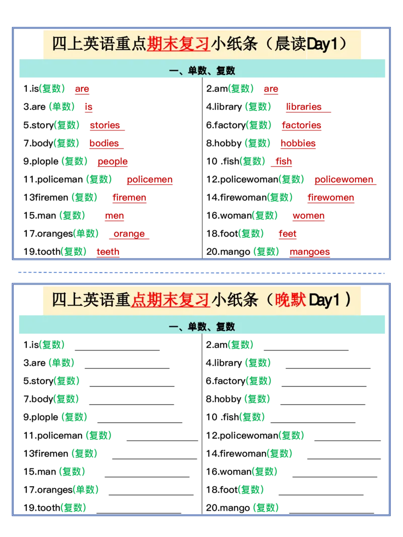 《四上英语（通用版）重点晨读晚默小纸条_4年级上册同步教辅_4上-英语》第1页预览
