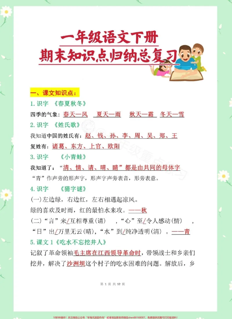 《一年级语文下册期末知识点汇总。背会这12页,成绩98+,语文老师精心整理‼️涵盖了整个学期大部分重点考点,快打印出来给孩子读一读背一背吧(有电子档)#期末复习#期末知识点#一年级语文下册期末#一年级重点知识归纳##必考考点》第2页预览