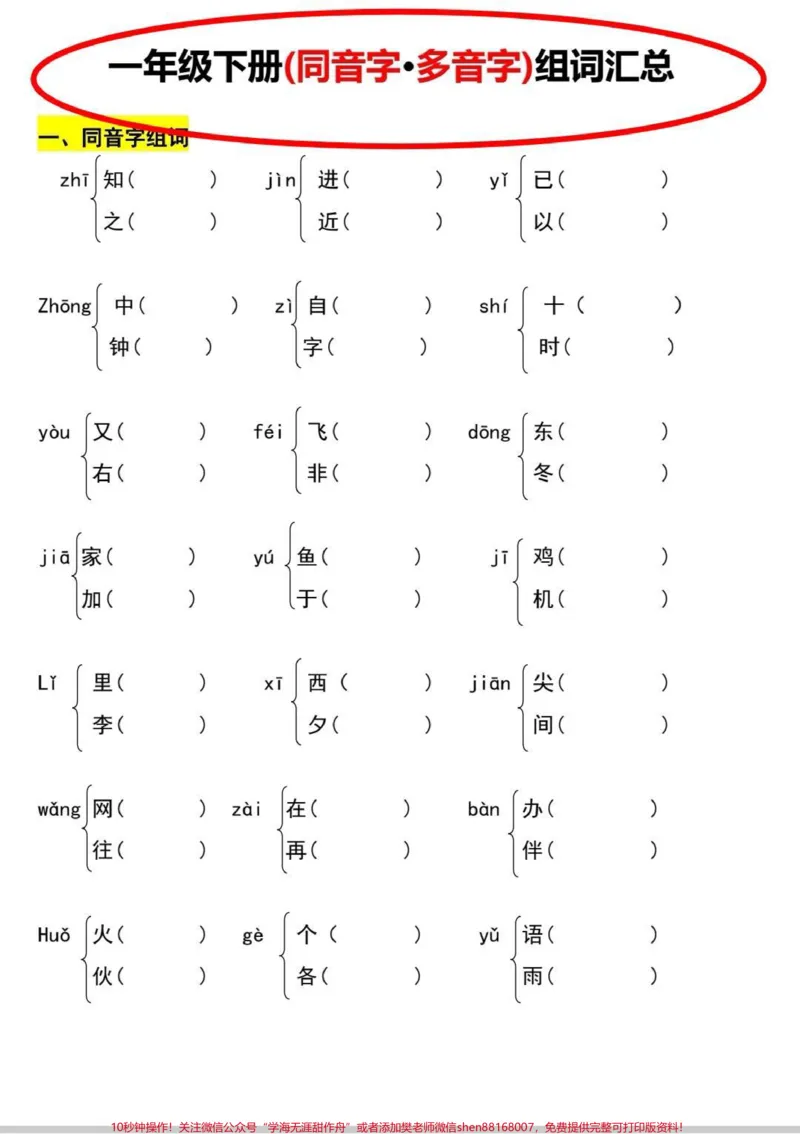 《你不知道的一年级下册同音字多音字汇总。一年级下册多音字汇总，全册所有多音字都包含，掌握这5页纸，生字妥了。#一年级#知识分享#语文#多音字#多音字组词》第1页预览