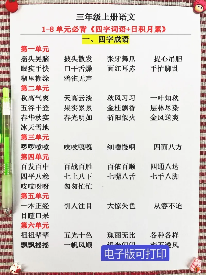 《三年级上册语文1-8单元必背四字词语和日。积月累已经汇总完毕,完整版已经打印出来,供孩子们阅读背诵。这些词语和日积月累是三年级语文的重点内容,也是必考考点,孩子们一定要认真掌握哦!#三年级上册语文#三年级语文重点归纳#必考考点》第2页预览