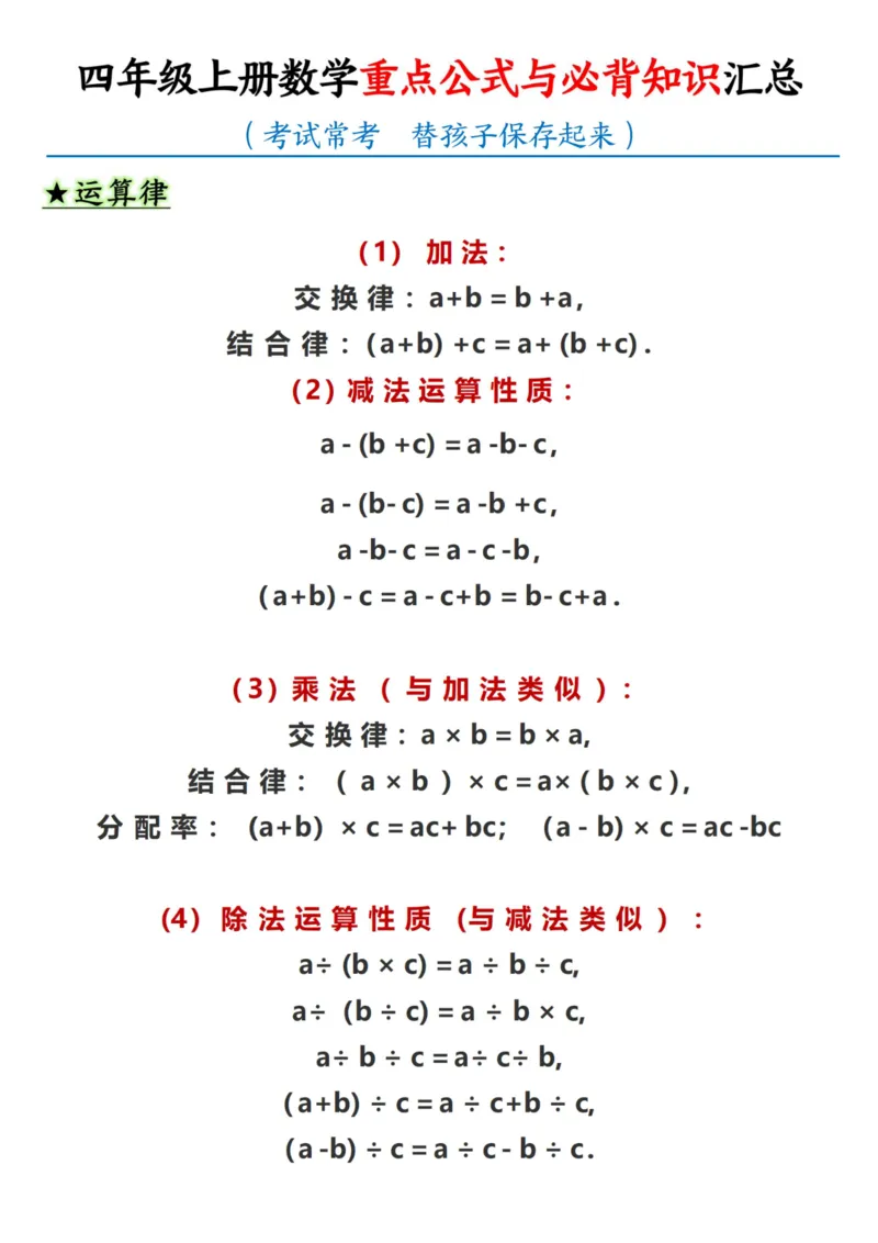 《四（上）数学（通用版）重点公式与必背知识汇总_4年级上册同步教辅_4上数学_四上数学通用重点必背＋专项》第5页预览