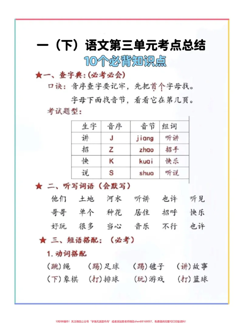 《一年级语文下册1-8单元考点汇总。#期末复习#必考考点#一年级语文下册#知识点总结#一年级重点知识归纳》第4页预览