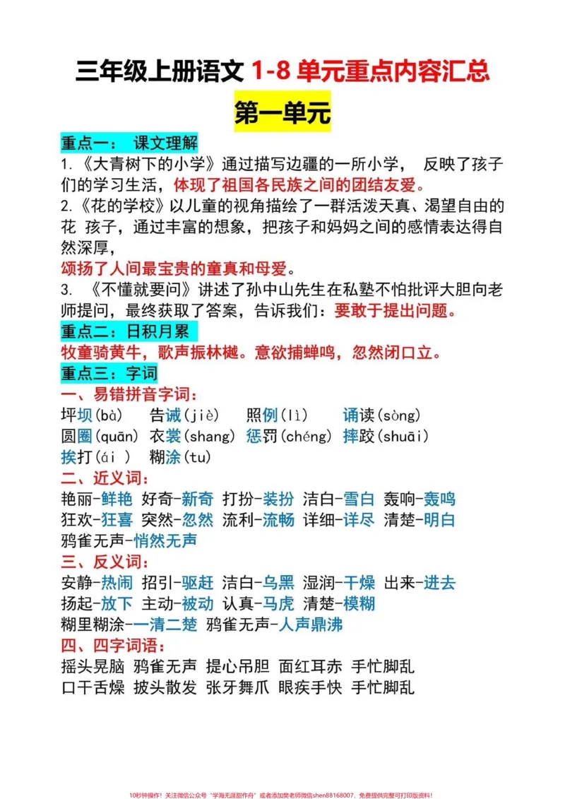 《三年级上册语文1-8单元知识点总结。三年级上册1-8单元知识点汇总给同学们整理好了,都是考试常考内容,打印一份给孩子读一读背一背,考试不丢基础分#三年级语文#三年级上册语文#知识点总结》第1页预览