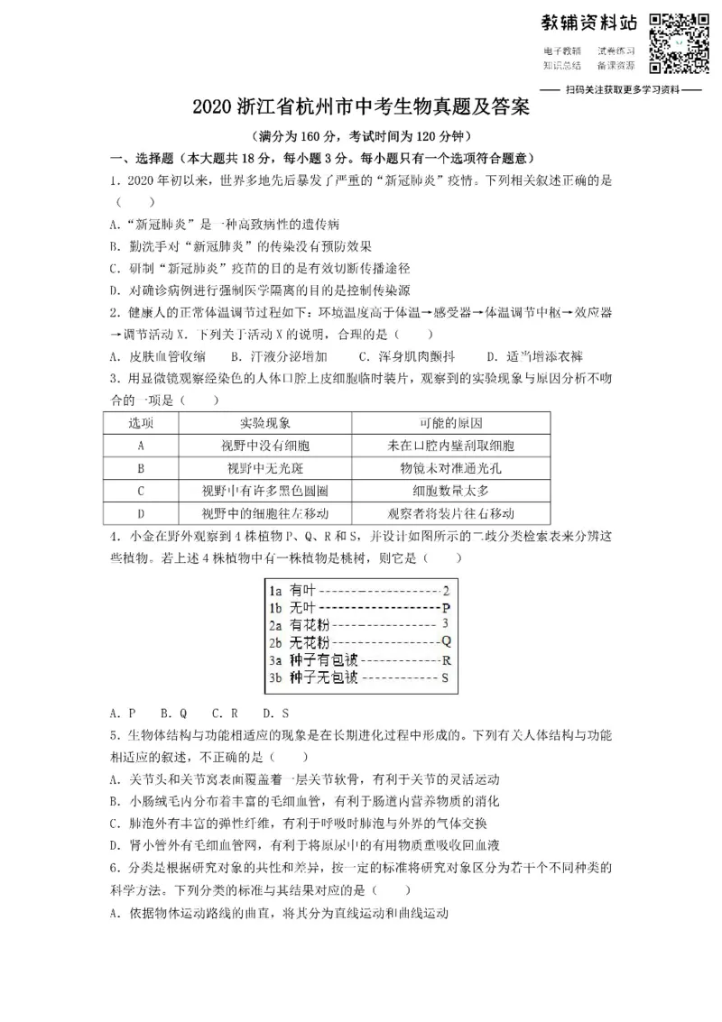 《2020浙江省杭州市中考生物真题及答案_初高中资料库_初中资料库（转存避免链接过期失效）_初中生物》第1页预览