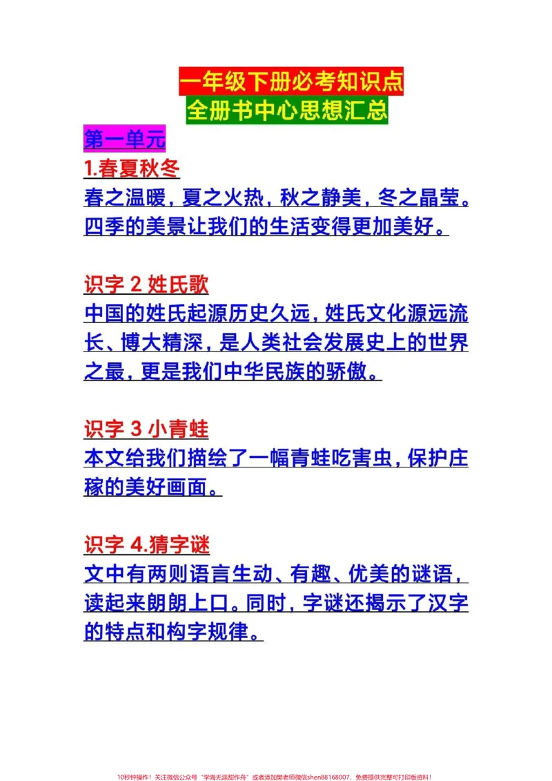 《一年级下册语文期末卷必考。#一年级语文#期末考试#必考考点#中心思想#教育》第1页预览