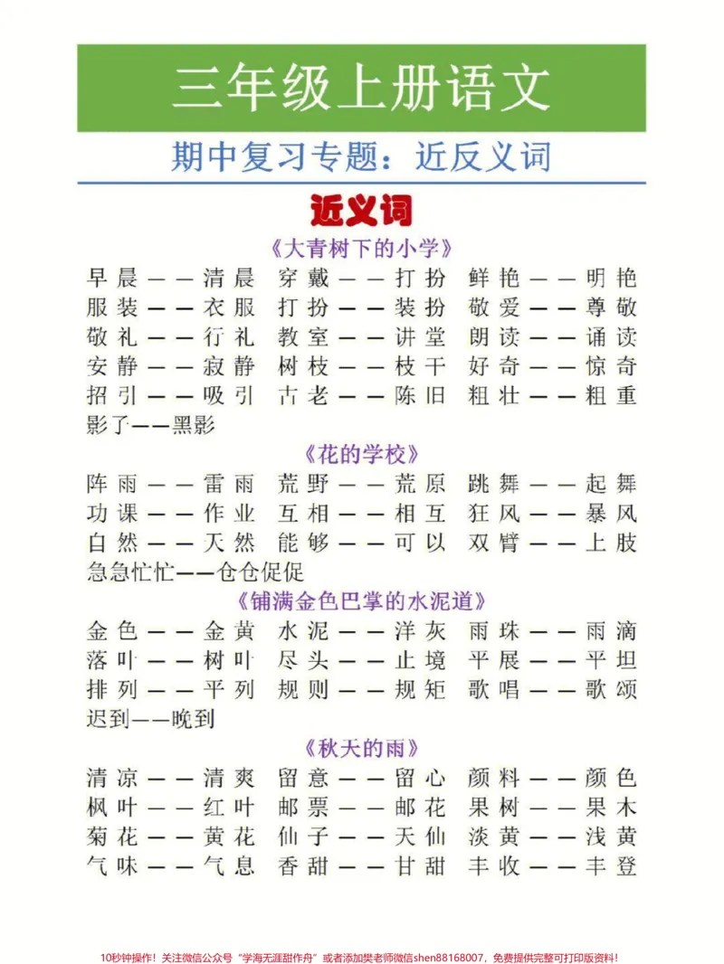 《三年级上册语文全册近反义词汇总大全#知识点总结#小学知识点归纳#学习#三年级》第1页预览