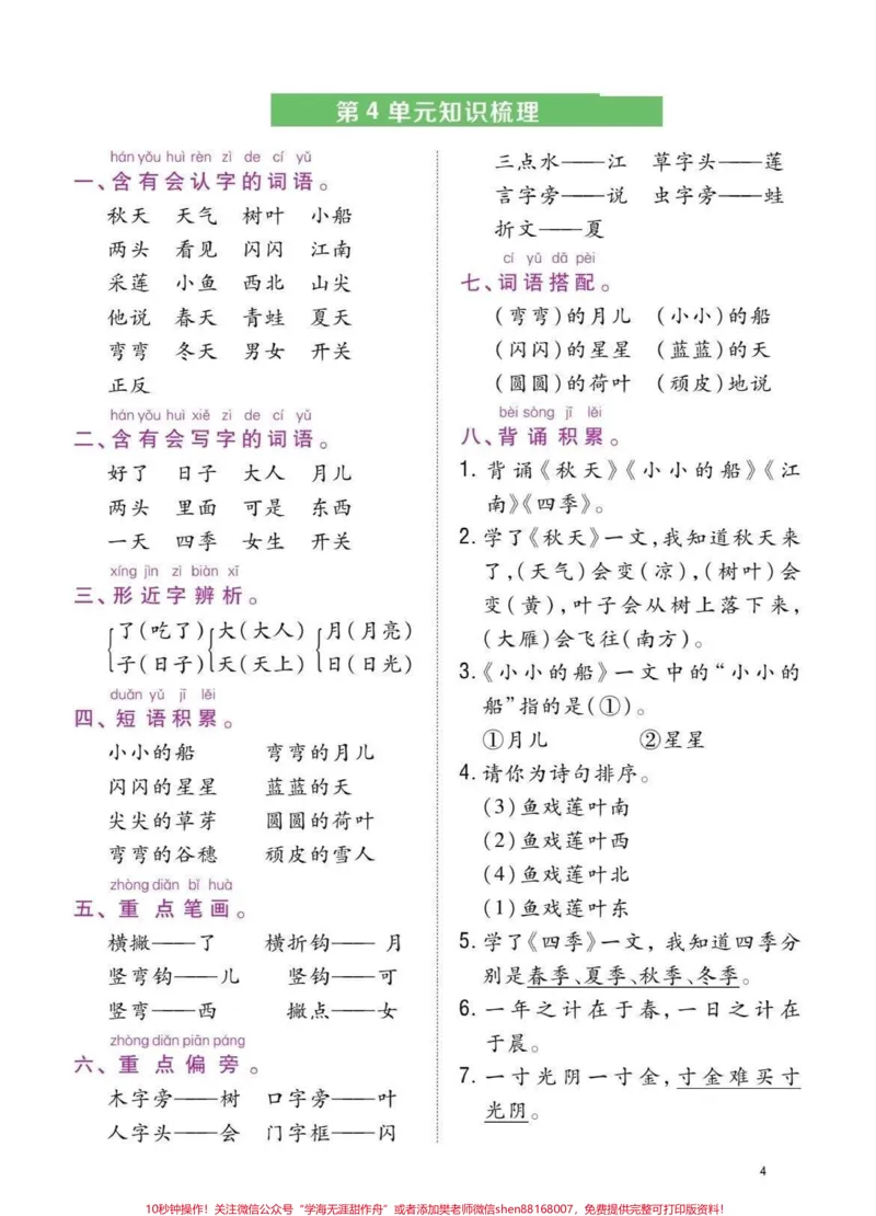 《一年级上册语文重要考点知识点归纳。#一年级各单元知识点总结#一年级重点知识归纳#一年级考点总结》第4页预览