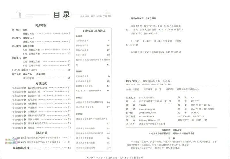 《培优100分六年级下册数学人教版_07.小学语文、英语、数学专区_王朝霞培优100分》第4页预览