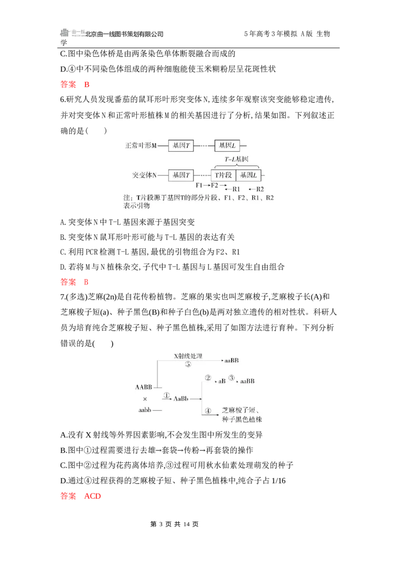 《1_专题过关检测练Word-第10章　基因突变及其他变异_2026版教学资源包_202653高考总复习A版_江苏版_2026版.江苏版.选考总复习.生物.5·3A版_第2部分遗传与进化_第10章基因突变及其他变异》第3页预览