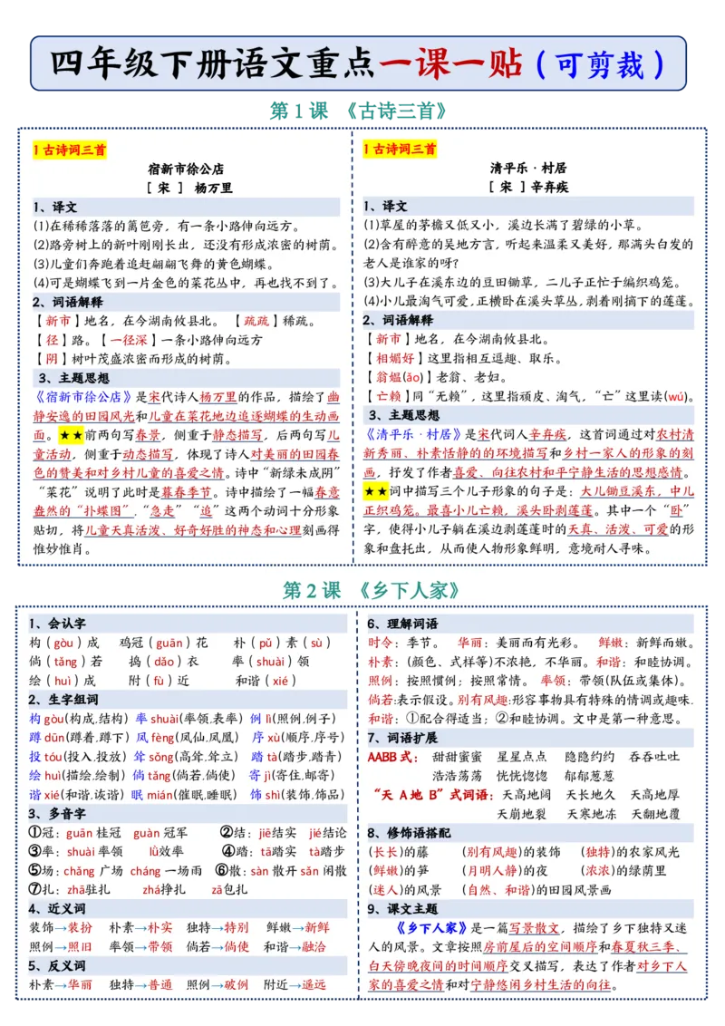 《四年级下册语文重点一课一贴(1)_1-5_4年级下册同步教辅_四下语文_四下语文课课练》第2页预览