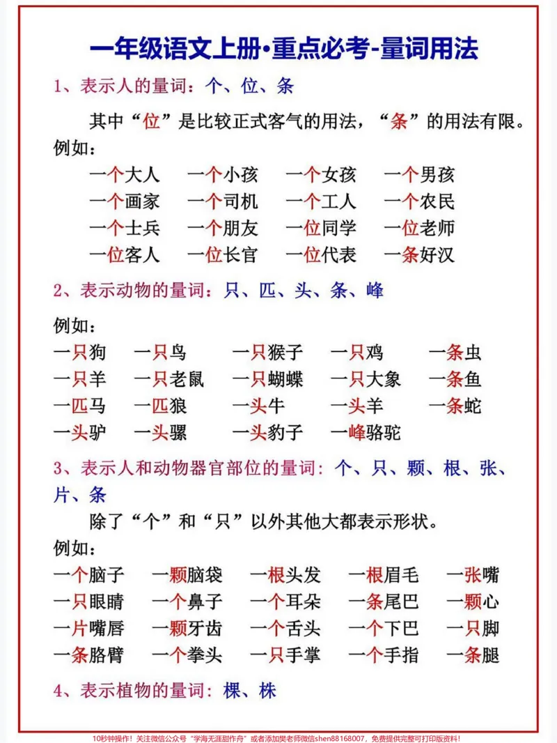《一年级语文上册，重点必考，量词用法。一年级语文上册，重点必考，量词用法#学霸秘籍#小学语文怎么学#期中考试#关注我持续更新小学知识#每天学习一点点进步一点点》第1页预览