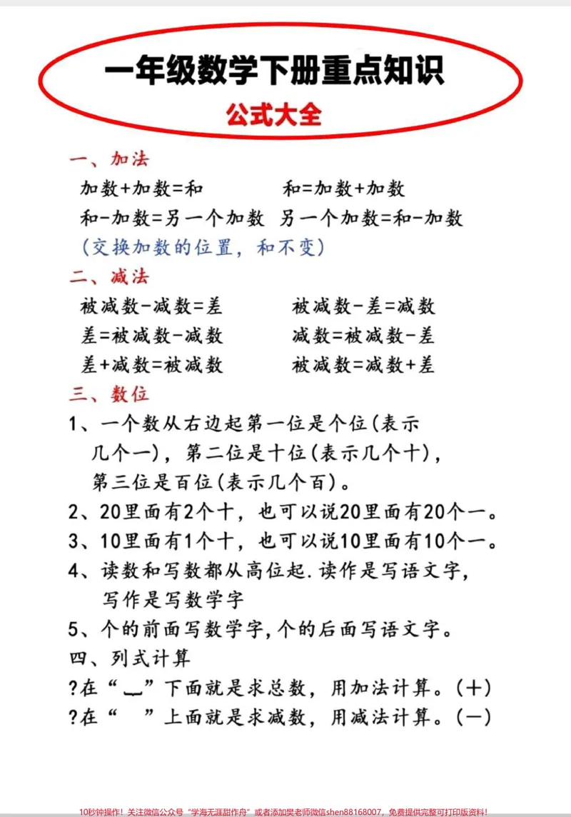 《一年级下册数学重点知识。一年级下册数学重点公式,老师要求全部掌握。#一年级#数学#一年级数学#知识分享#每天学习一点点》第1页预览