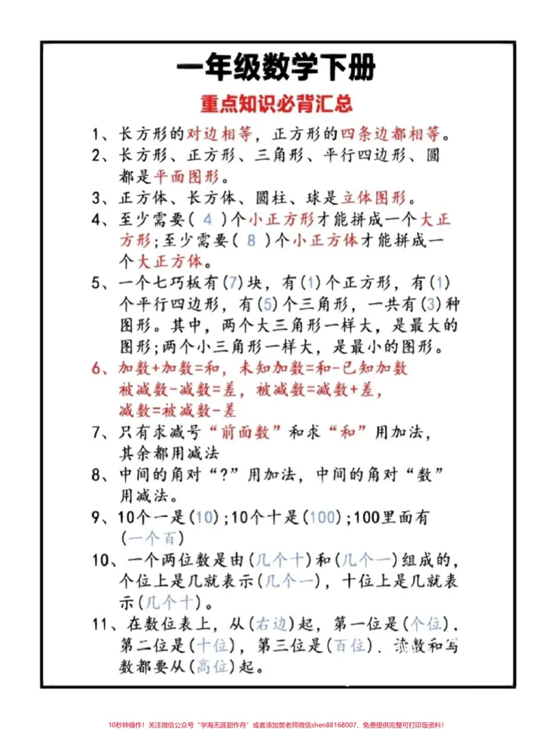 《一年级下册数学重点必背知识点#教育#每天学习一点点#学习#小学数学#知识点总结》第1页预览