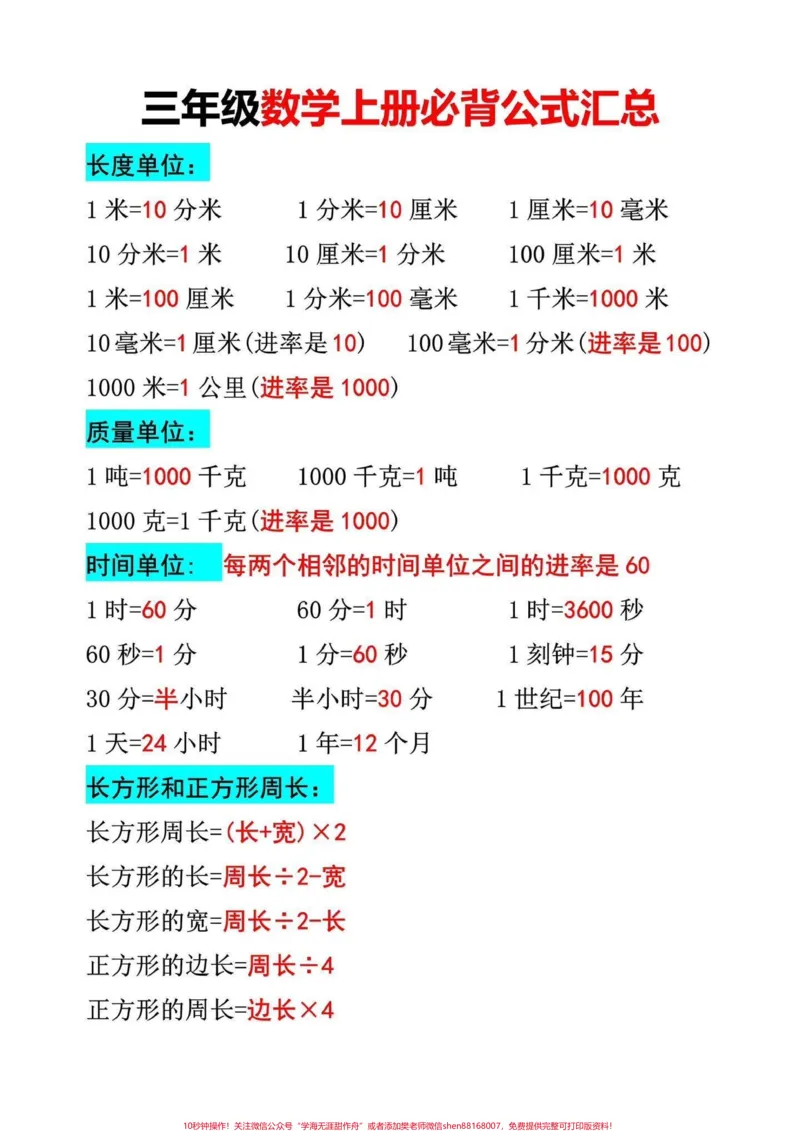 《三年级数学上册必背公式汇总。三年级上册必背公式给同学们整理好了,收藏起来给孩子读一读背一背吧#三年级数学#三年级上册数学》第1页预览