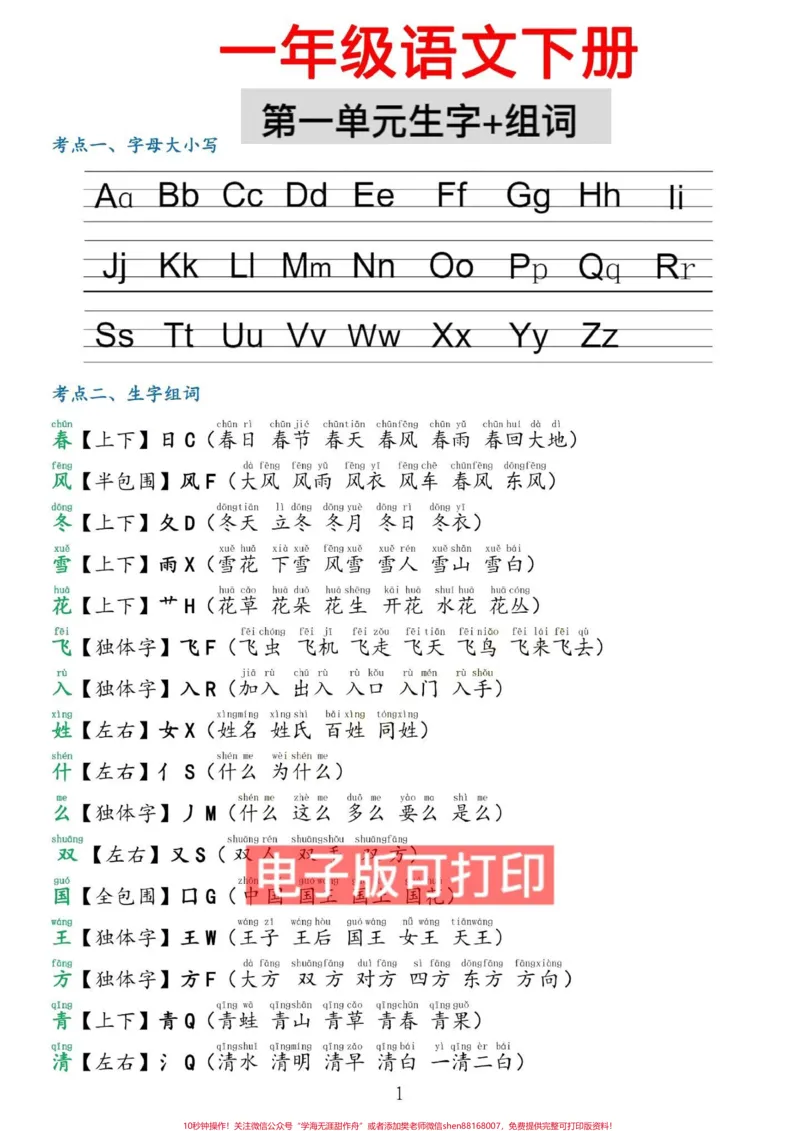 《一年级语文下册知识点总结提前预习生字组词。拼音字母拼读拼写累积识字课文1-8单元生字组词+笔画笔顺+偏旁部首+字体结构+课文内容+句子+易错读音#一年级语文#小学语文知识点#一年级重点知识归纳#一年级下册#生字组词笔顺》第1页预览