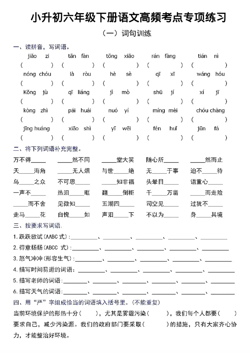 《小升初六年级下册语文高频考点专项练习_6年级下册同步教辅_6下-语文_六下语文专项练习》第1页预览