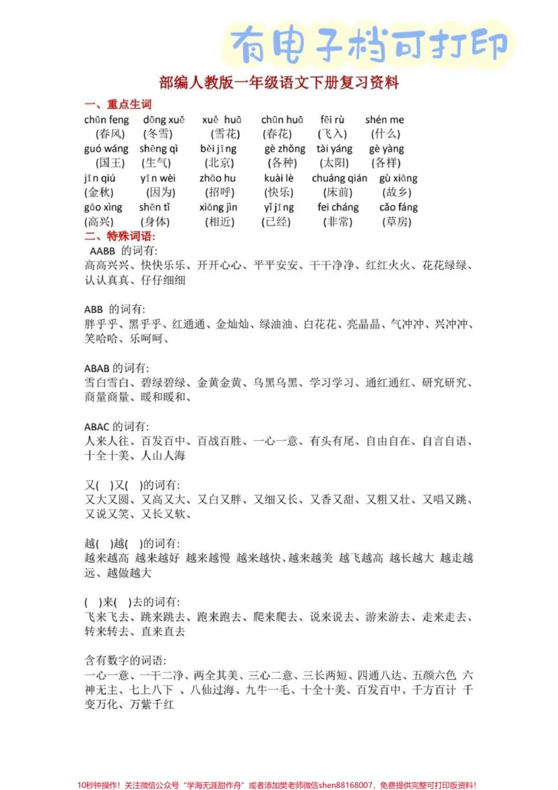 《一年级下册语文重点。电子档可打印#一年级#一年级重点知识归纳#一年级语文#一年级语文下册#寒假充电计划》第1页预览