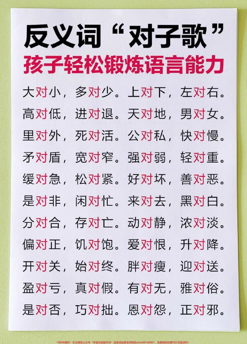 《反义词!对子歌!增长智慧锻炼口才必备。反义词!对子歌!增长智慧锻炼口才必备家长快给孩子收藏起来，没事带着孩子念~#反义词#反义词对子歌#一年级重点知识归纳#一年级语文下册#词语积累》第1页预览