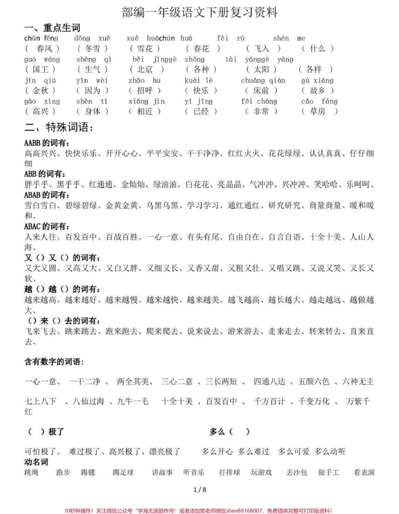 《一年级下册语文知识点总结。都是一年级下册语文知识的必考点,可以提高孩子复习效率,查漏补缺,短时间冲刺。快速提高语文成绩100,打印出来给孩子复习,期末考个好成绩。#关注我持续更新小学知识#学习资料分享#知识点总结#学霸#小学语文@qunju888.com小助手》第1页预览