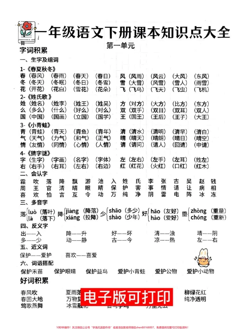 《一年级下册语文,课本重点难点知识点考点。总结归纳,语文学习是一个长期积累的过程,需要在生活中,学习中不断的积累#一年级语文下册#小学语文知识点#知识点总结#词语累积#会写字》第1页预览