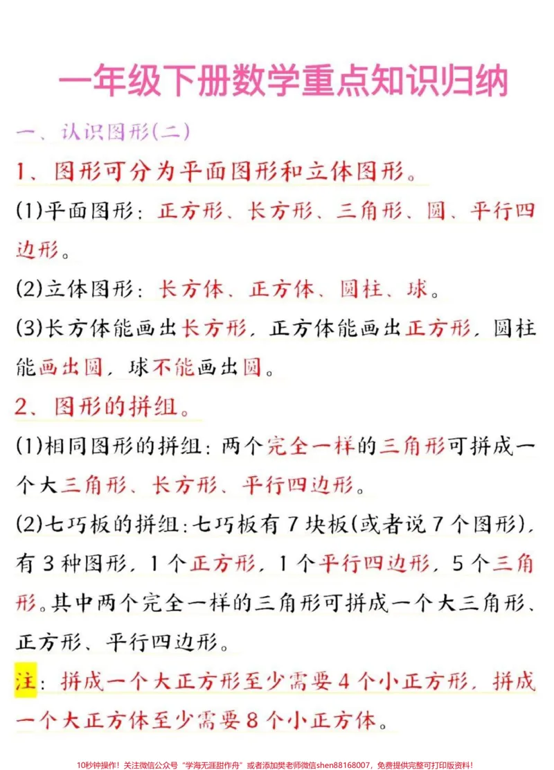 《一年级下册数学知识点整理归纳#小学数学#教育#学习#数学#数学思维》第1页预览