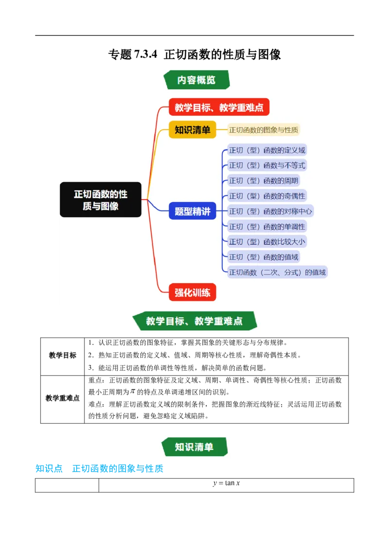 《专题7.3.4正切函数的性质与图像（高效培优讲义）（试题版）_2027高中必刷题_必刷题2027_2027高一高二必刷题_数学_YZ-133-高中数学同步精讲B版高一二三基础+培优讲义+专题练习word版电子》第1页预览