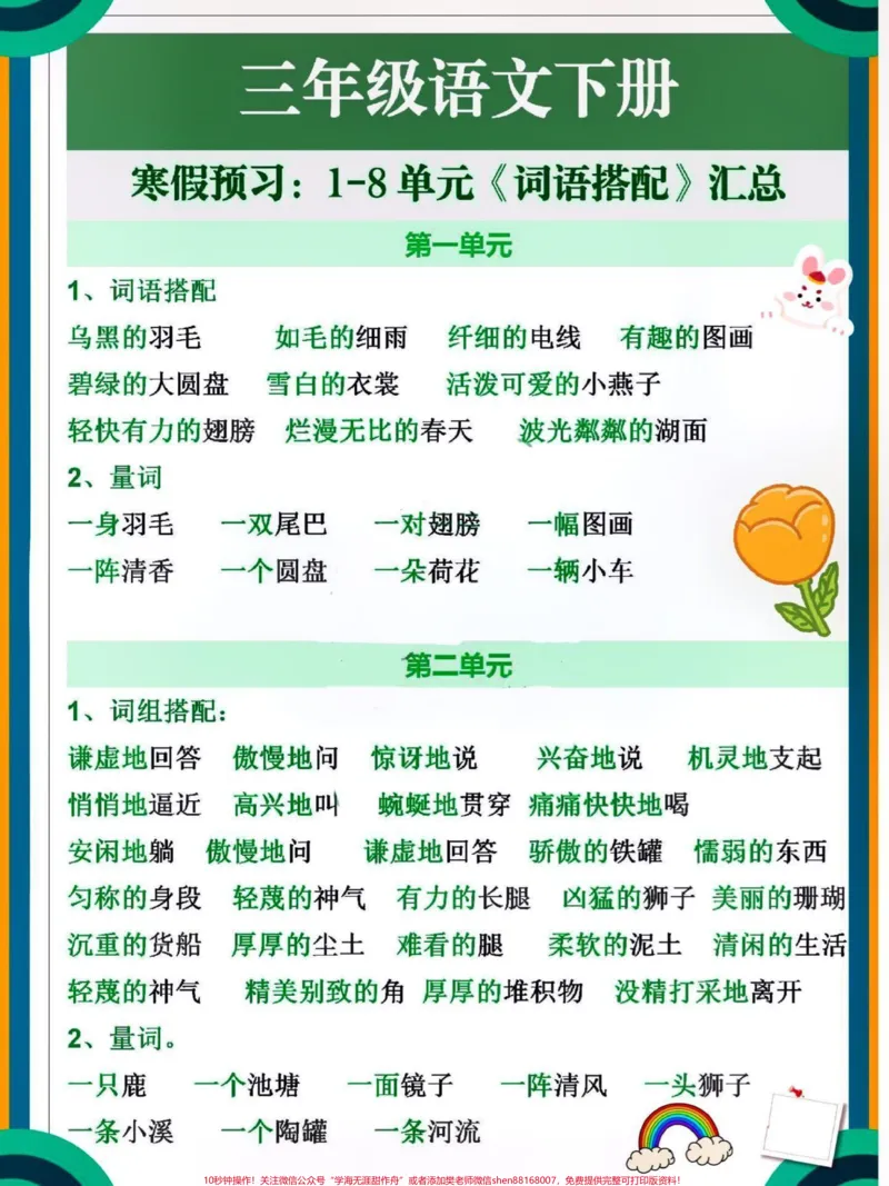 《三年级下册语文1-8单元词语汇总大全,宝妈们收藏打印吧#三年级语文#教育#小学语文#学习#每天学习一点点》第1页预览