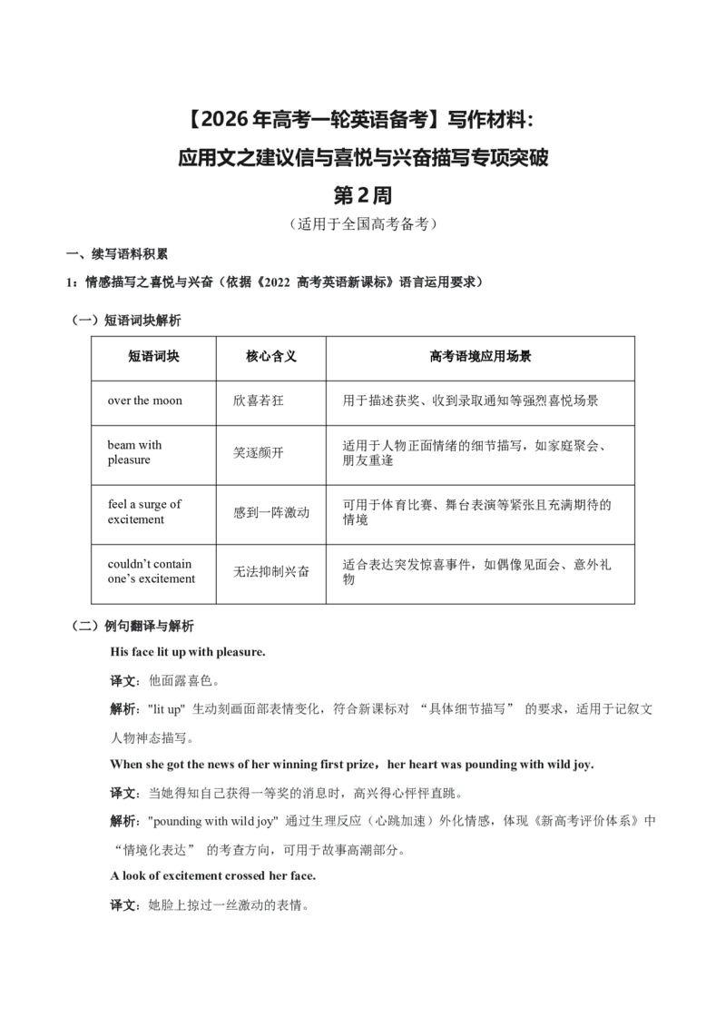 《写作材料：应用文之建议信与喜悦与兴奋描写专项突破第2周（适用于全国高考备考）_高考一二三轮复习_英语_2026年_262026年高考一轮英语写作材料之读后续写写应用文书信类专项突破》第1页预览